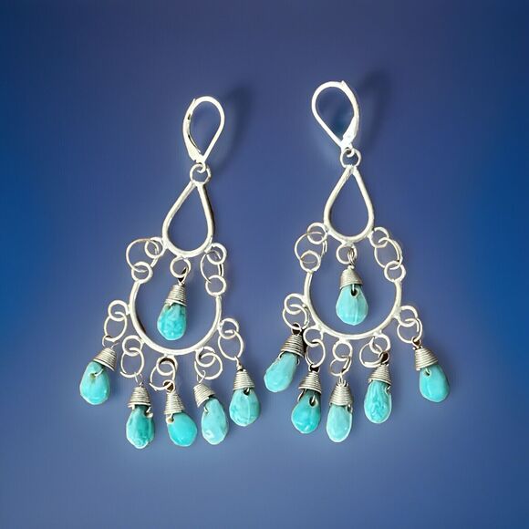 Chandelier Earrings Pierced Dangle Drop Blue Bead Silver Lever Made USA Festival - Picture 1 of 2